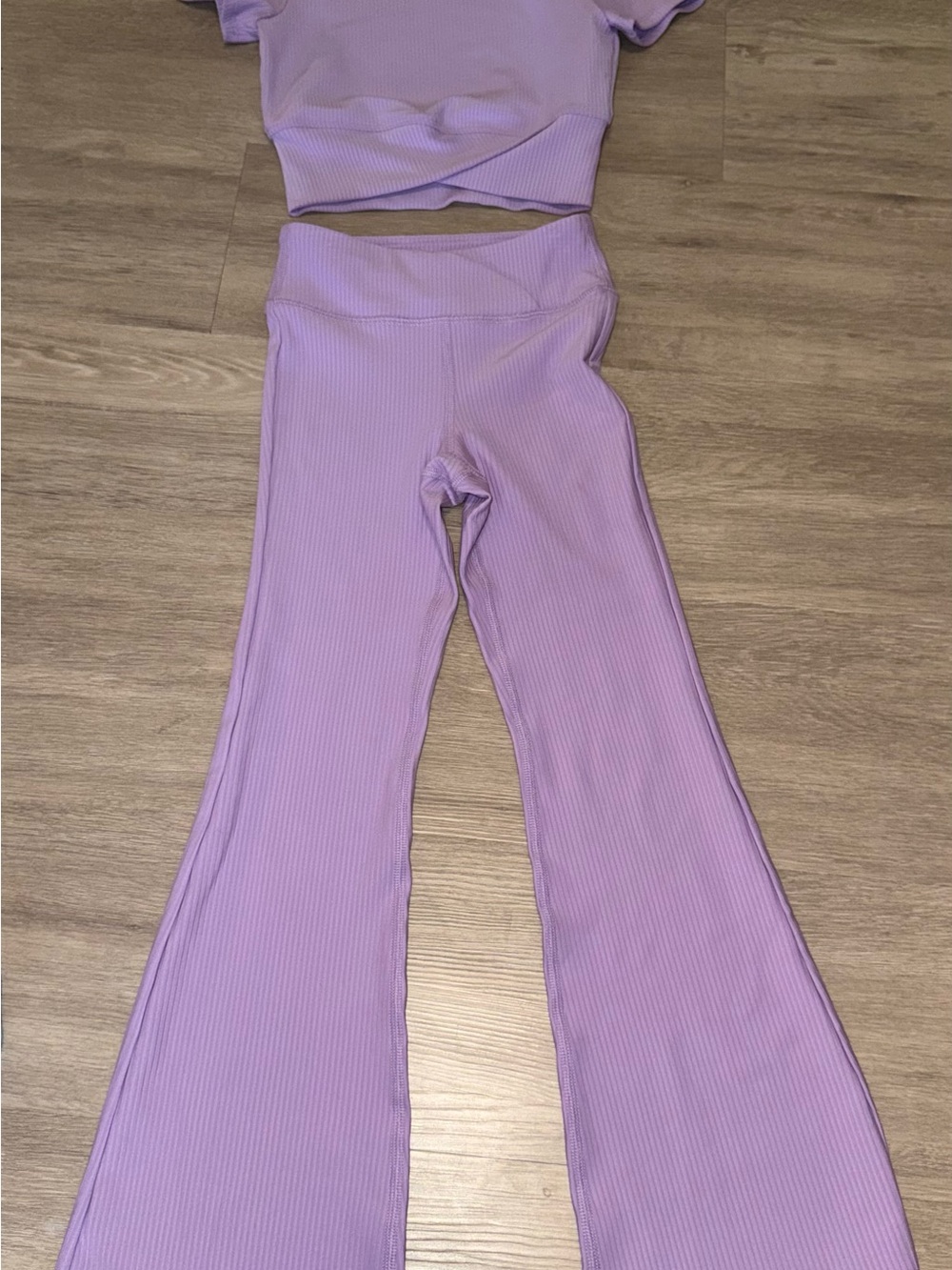 Lilac Ribbed Flare Leggings Set Purple Spandex Cropped